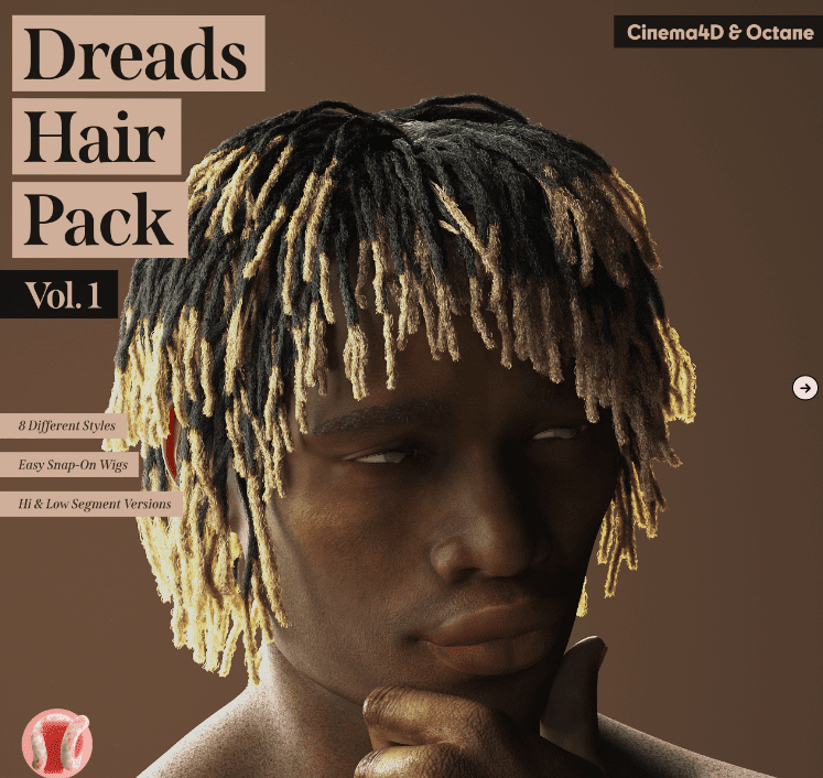 8种不同样式发型长发卷发造型，杀马特卷发发型3D模型 Dreads Hair Pack(Vol 2)-素材资源网